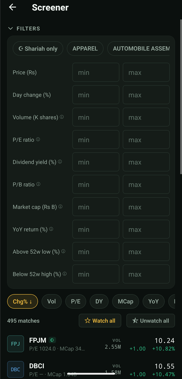 Zorvest screener filtering PSX stocks by P/E, dividend yield, market cap and Shariah compliance